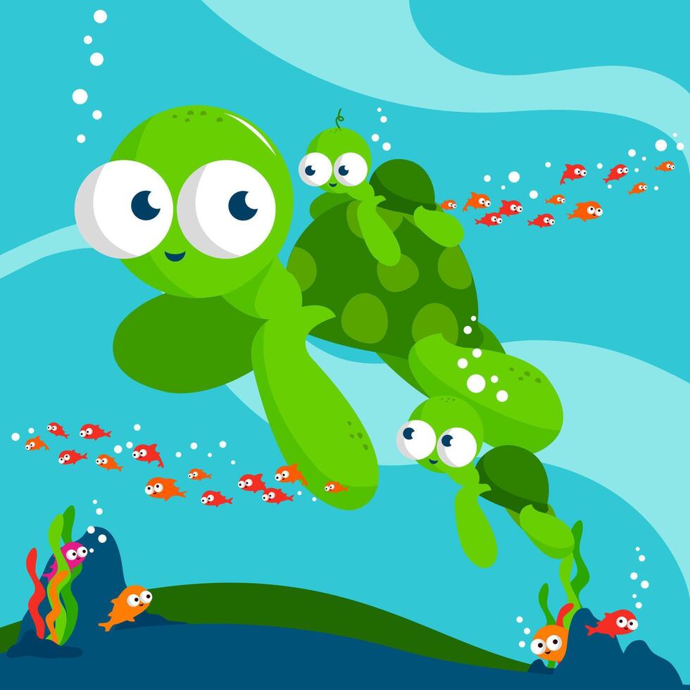 Cute sea turtles swimming happily underwater. Sea turtles swimming under the sea floor. Vector Illustration