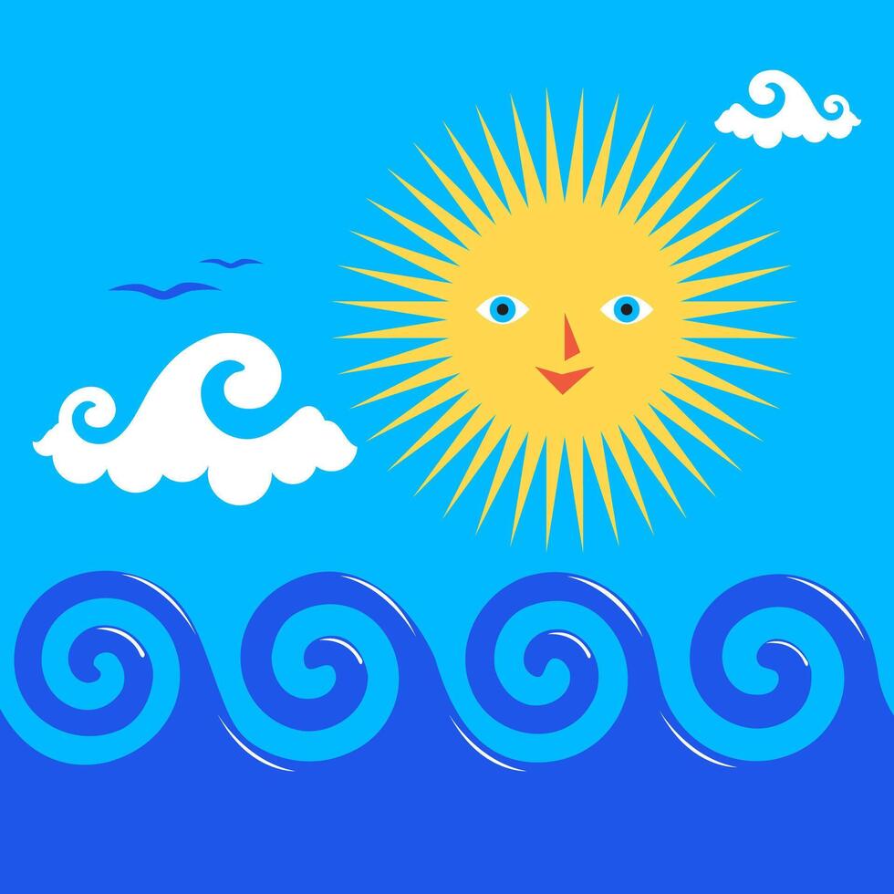 Sun and sea. A warm smiling summer sun above the wavy sea. Natural beach background. Vector illustration.