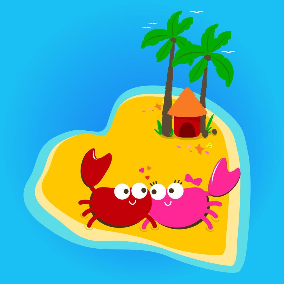 Heart shaped island and cute cartoon crabs. Cartoon crabs at the beach on vacations. Vector illustration