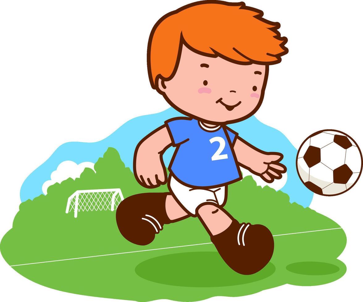 pequeño chico fútbol jugador. un contento niño atleta obras de teatro fútbol en el fútbol americano campo. vector imagen