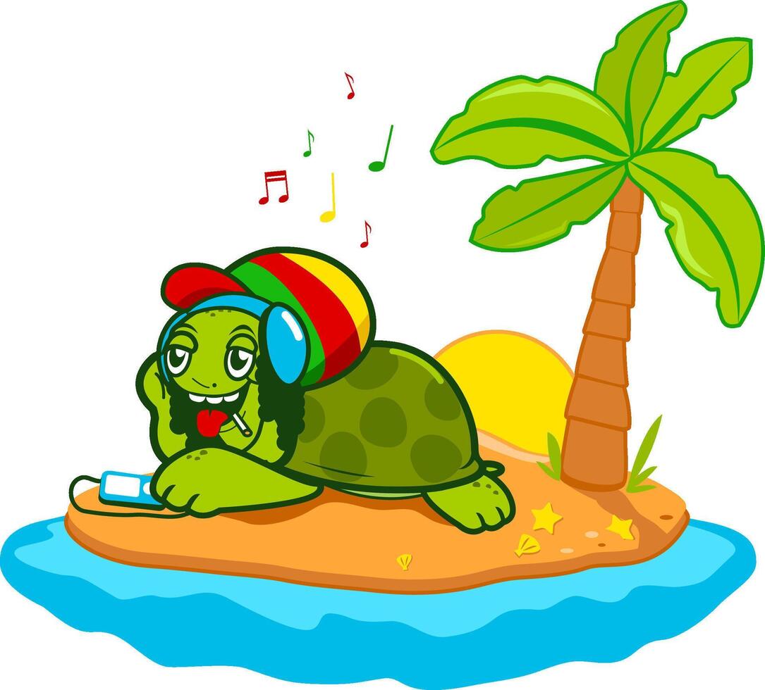 Sea turtle at the beach. Cartoon sea turtle on island vacations. Vector illustration