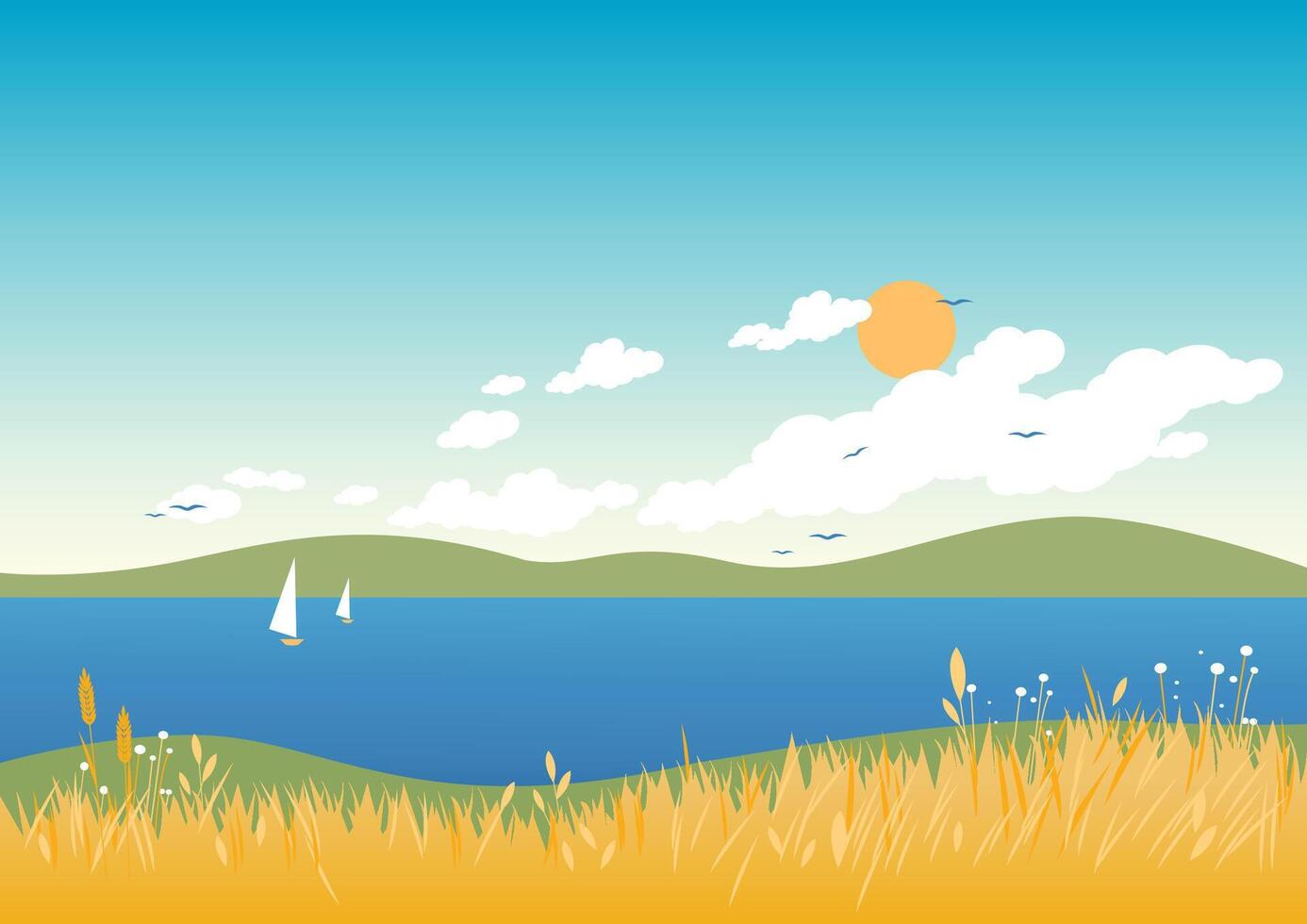 Nature background in the lake and hills. Clear blue sky with sun and clouds. A warm summer beach landscape with wheat field and grass. Vector illustration