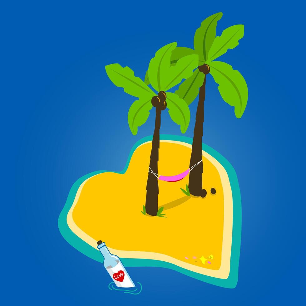 Heart shaped island with coconut tree and love message in a bottle. Summer vacations on an exotic island. Vector illustration