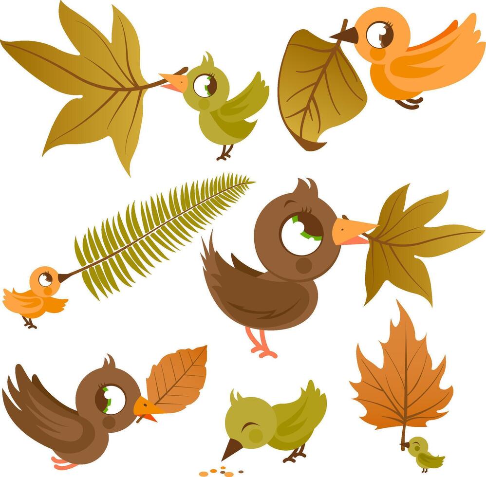 Cute birds holding dry Autumn leaves. Vector illustration