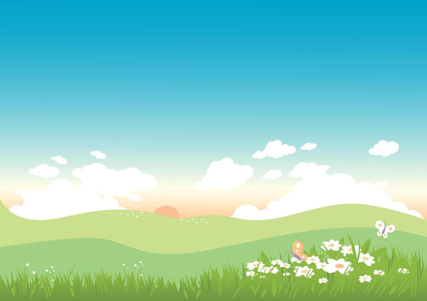 Springtime meadow landscape background. Vector illustration.