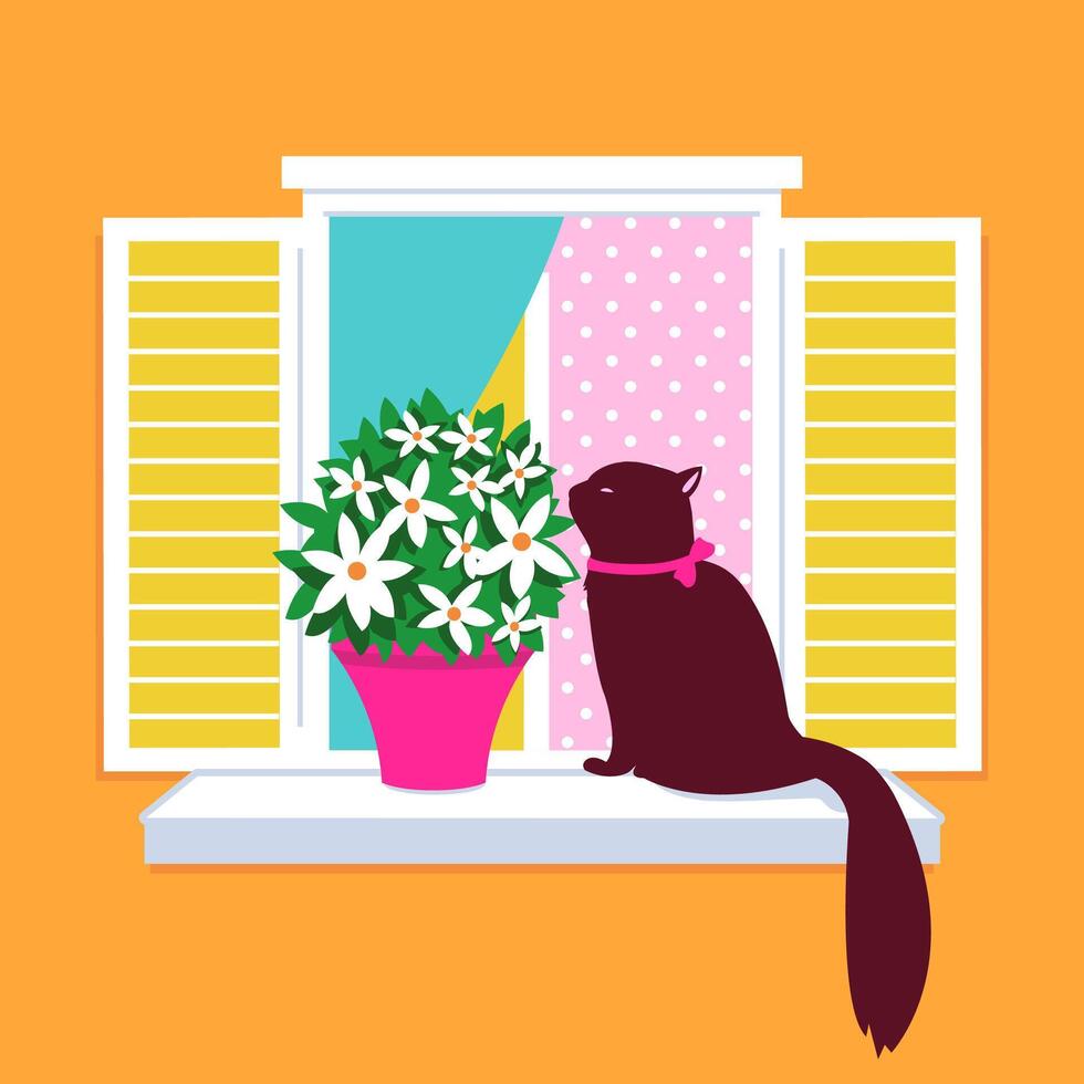 A house cat pet sitting on a window sill next to a flower pot in springtime. Vector illustration