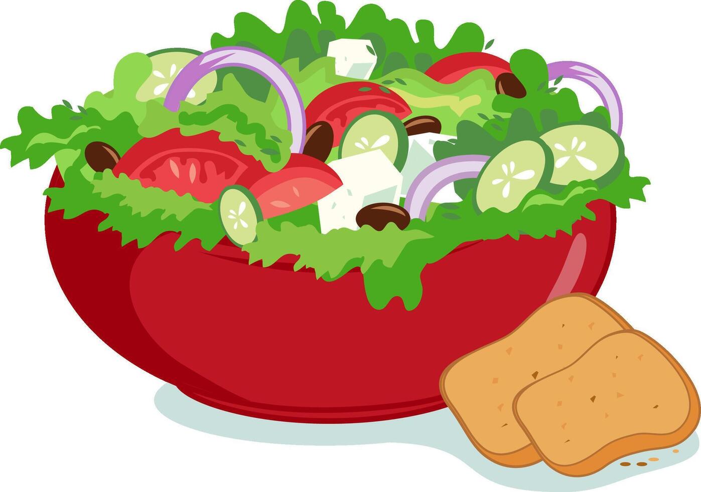 Bowl of fresh Greek salad. Healthy vegetable salad with lettuce, tomato, feta cheese and olives. Vector illustration