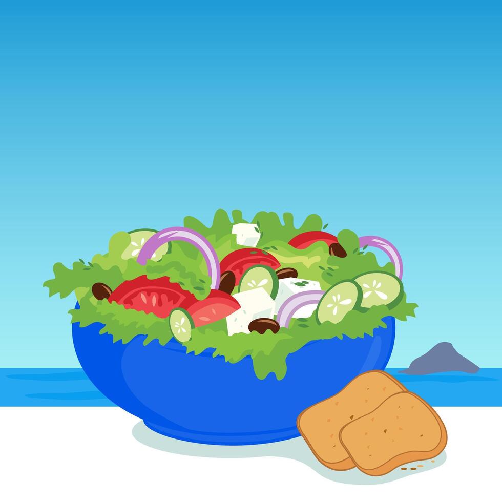 Greek salad. Bowl of vegetables and cheese salad in a table next to the sea. Vector illustration