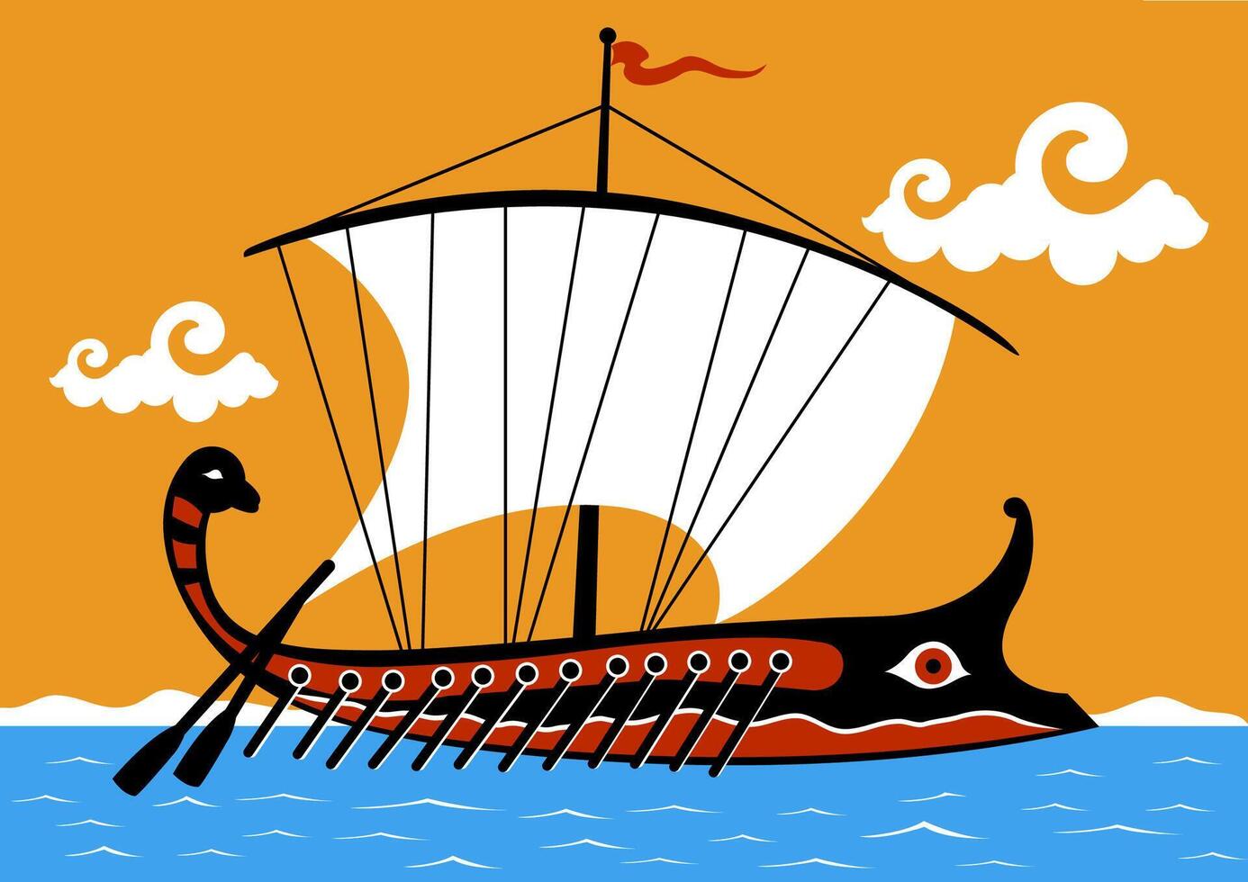 Ancient Greek trireme in the sea. Greek trireme ship sailing on the sea. Vector illustration