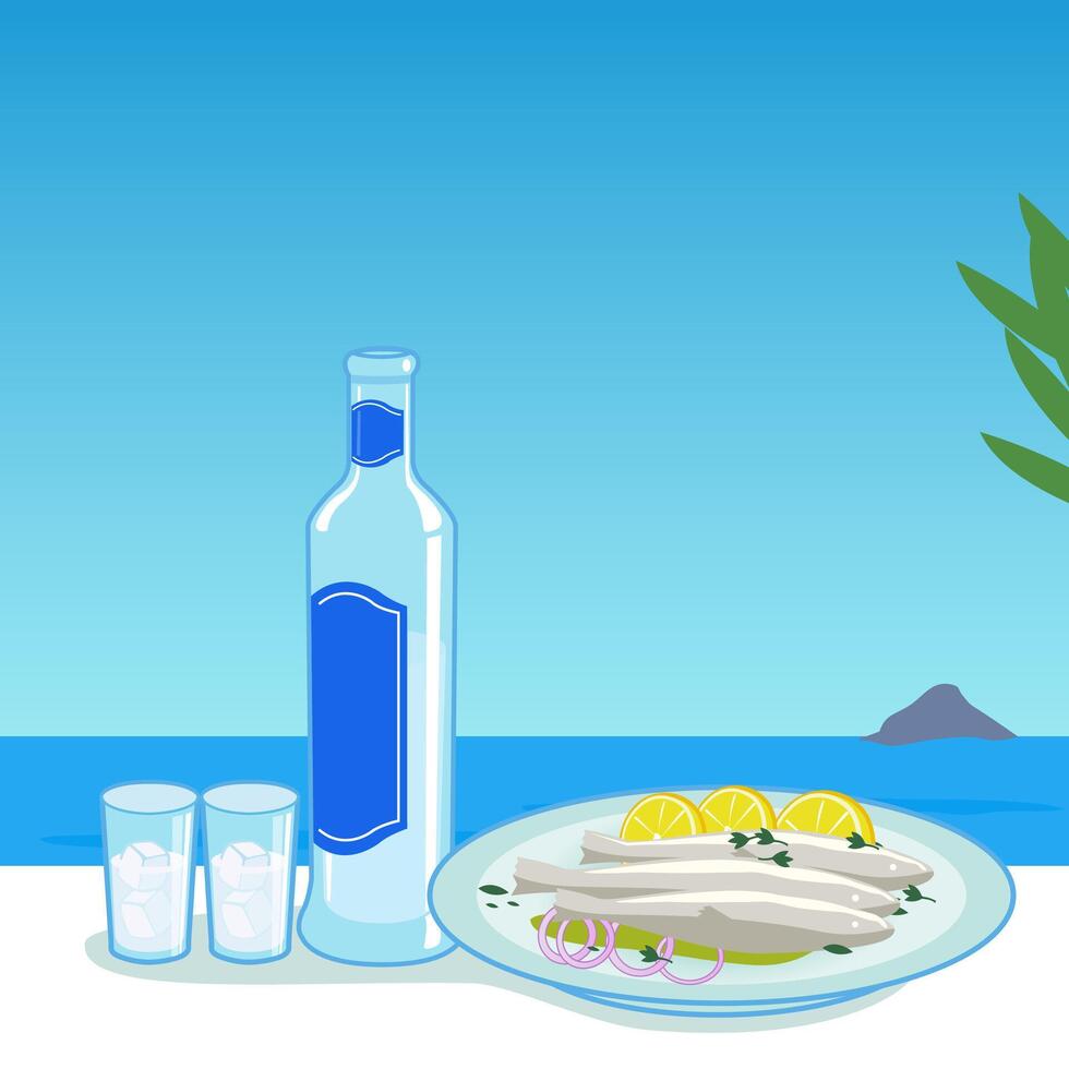 un botella de ouzo y un plato con cocido pescado en un mesa siguiente a el mar. isla vacaciones con delicioso alimento. vector ilustración