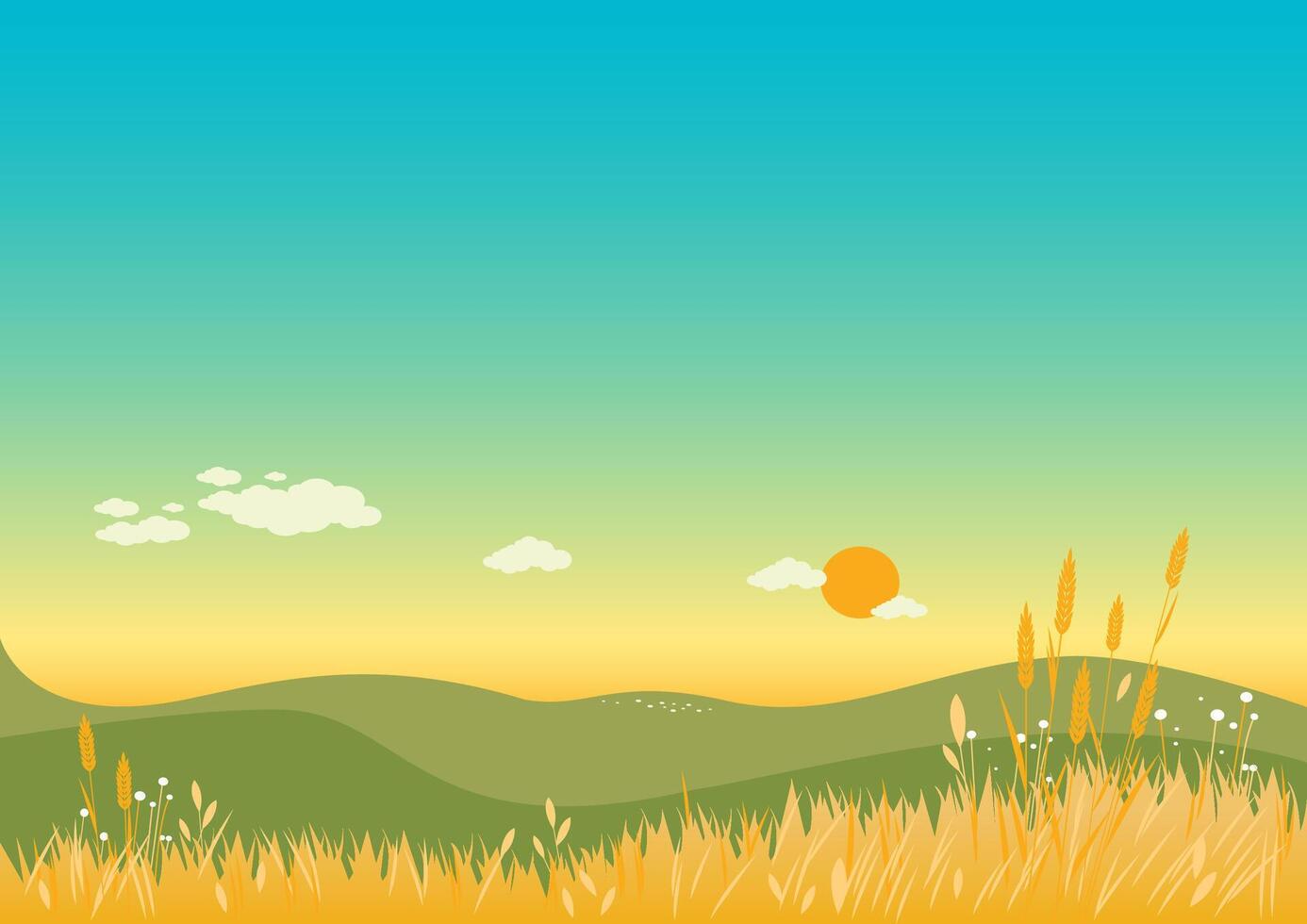 Summer landscape background with green hills and a barley field. Vector illustration