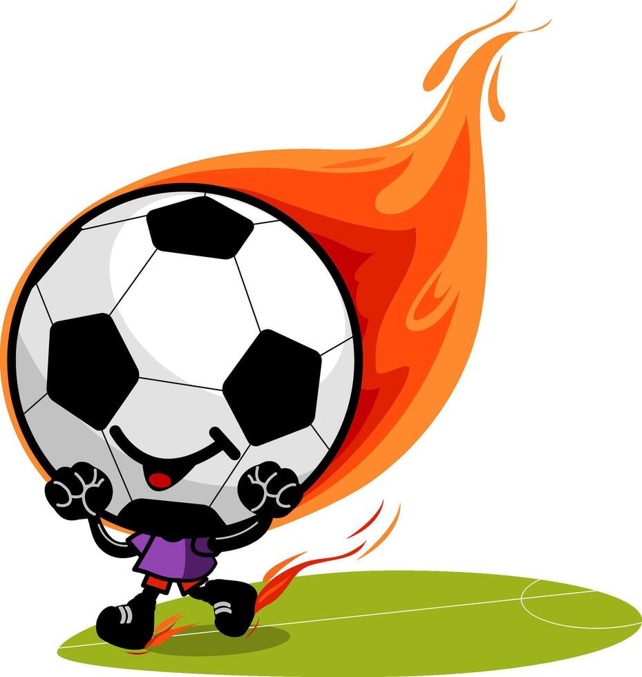 Cartoon soccer ball character on fire. Flaming football on white background. Vector illustration