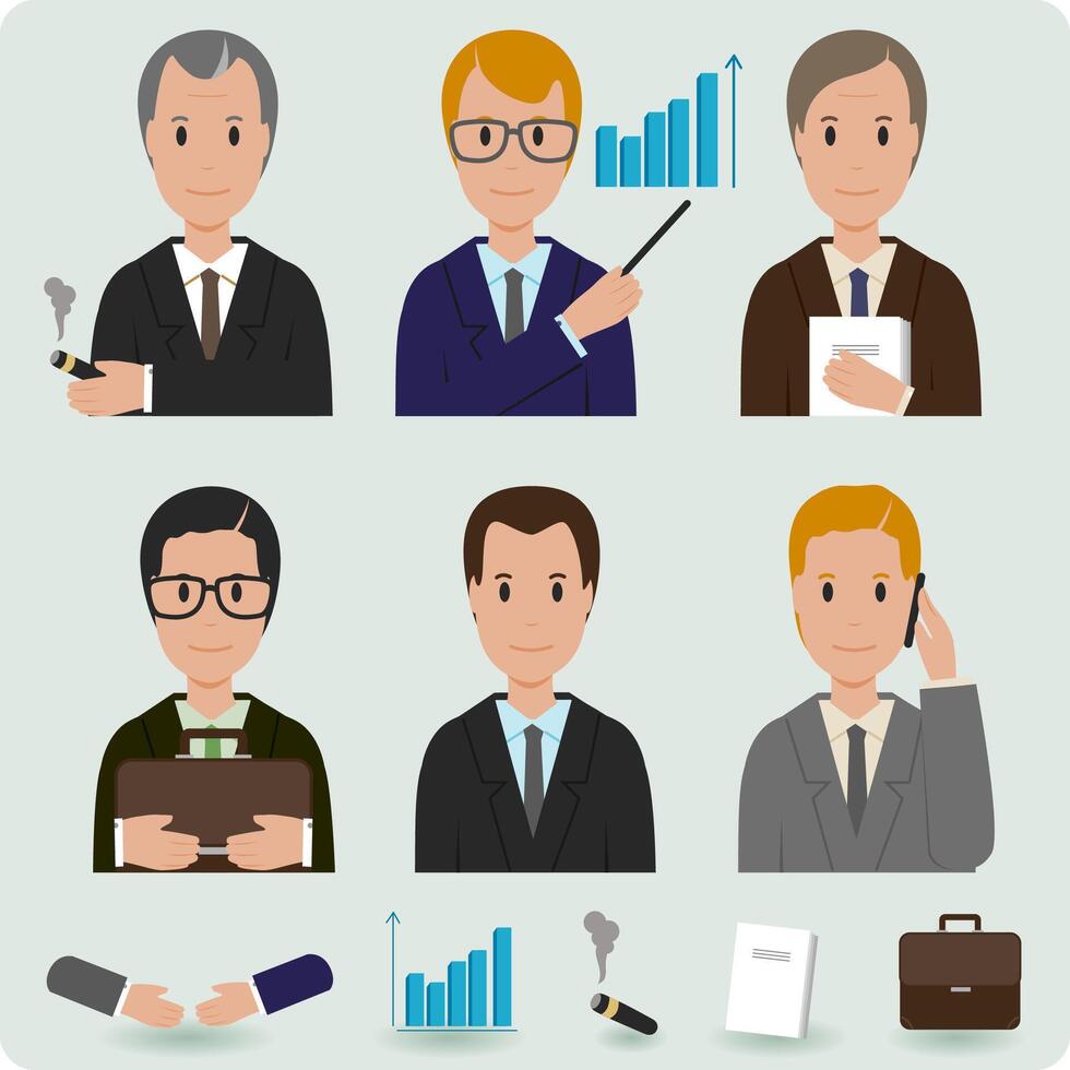 Team of businessmen at work in the office. Set of business people avatars and object icons. Vector illustration