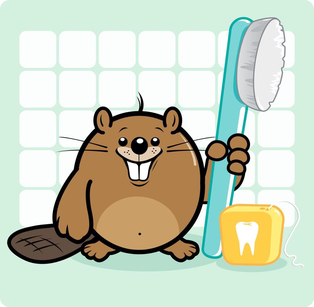 Cartoon beaver holding a toothbrush and a dental floss. Beaver dentist doctor. Vector Illustration