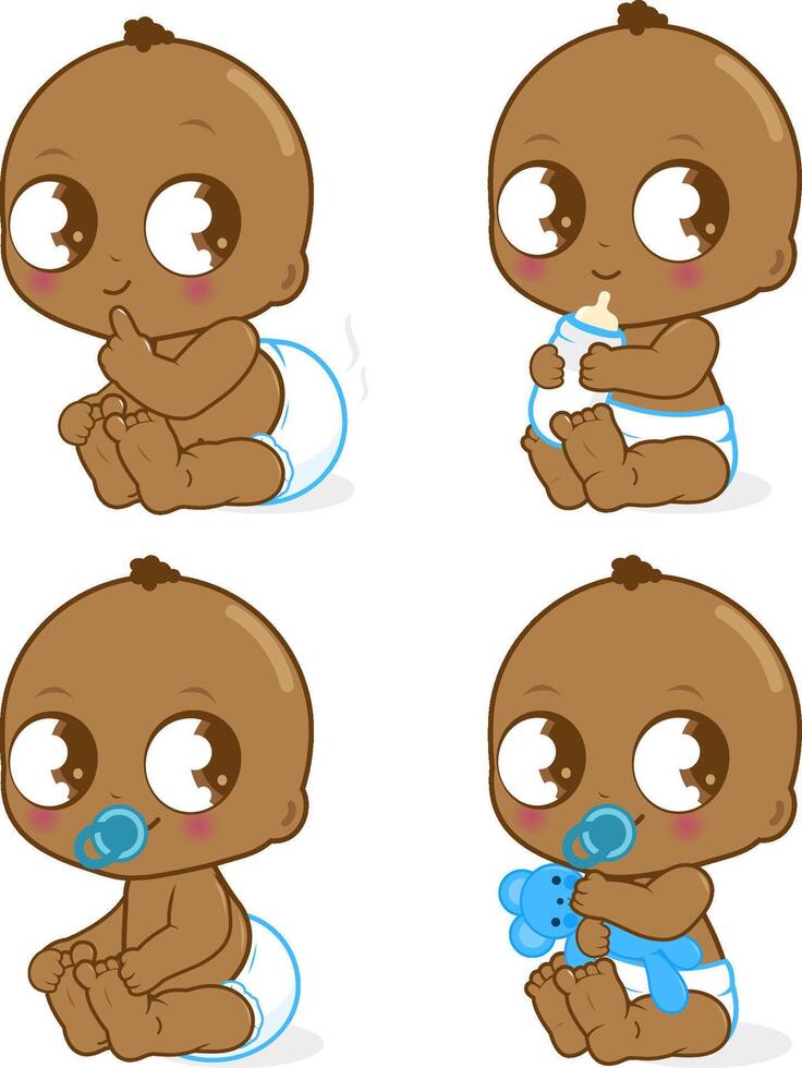 African American baby boy. Cute black baby boy drinking milk and playing. Vector Illustration
