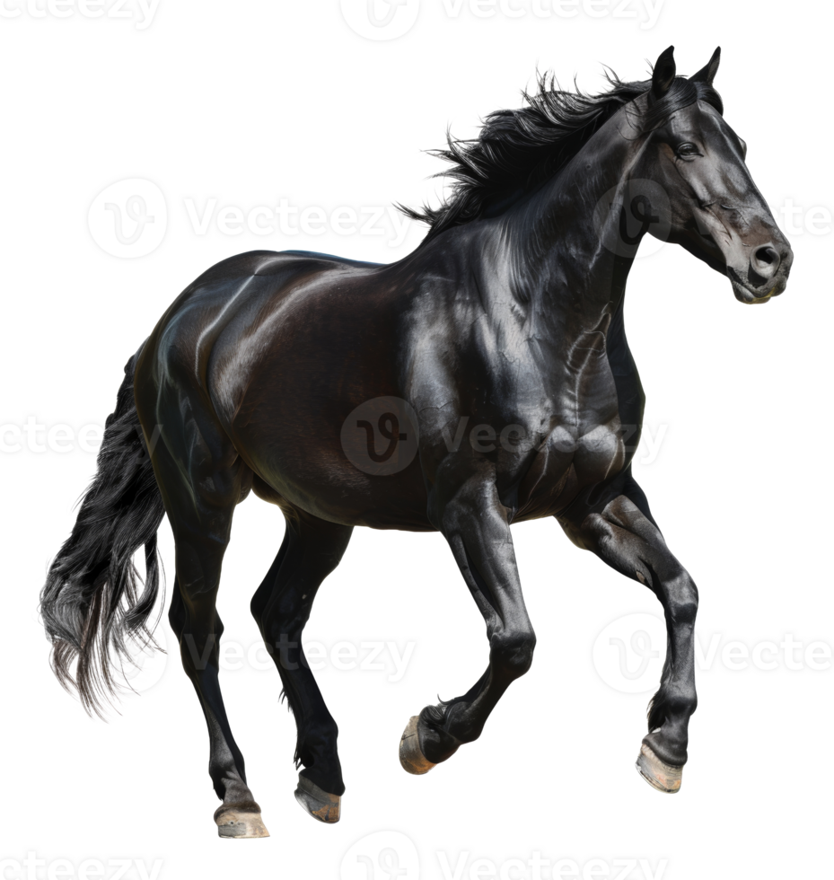 ai generado majestuoso negro caballo Galopando libremente en transparente antecedentes - valores png. png