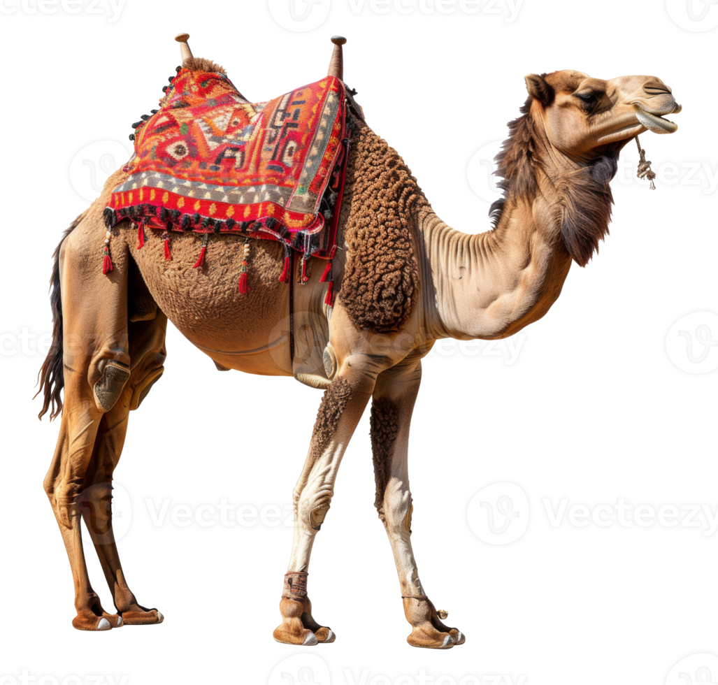 AI generated Decorated camel with traditional saddle on transparent background - stock png. png