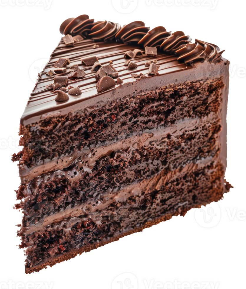 AI generated Chocolate cake slice with decorative frosting on transparent background - stock png. png