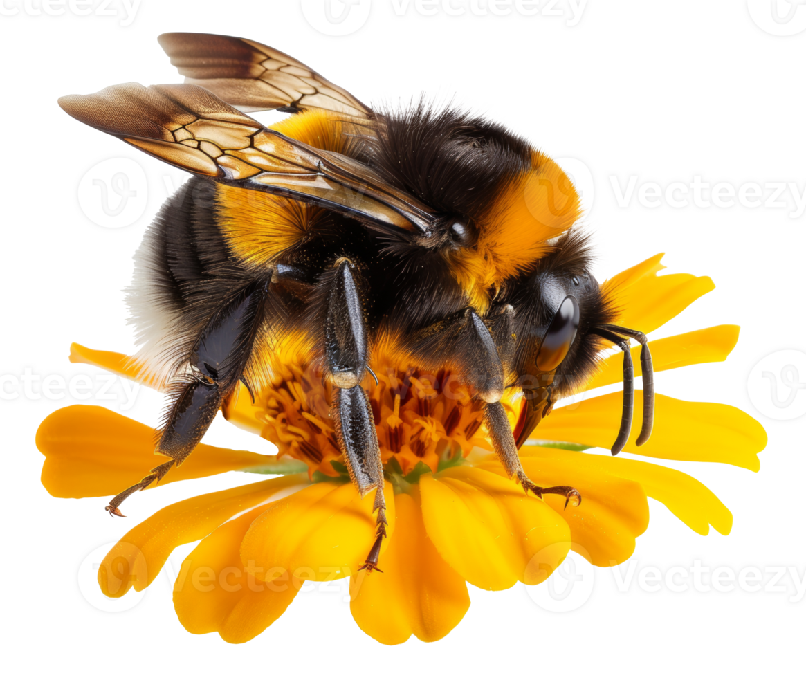 AI generated Bumblebee on bright orange flower on transparent background - stock png. png