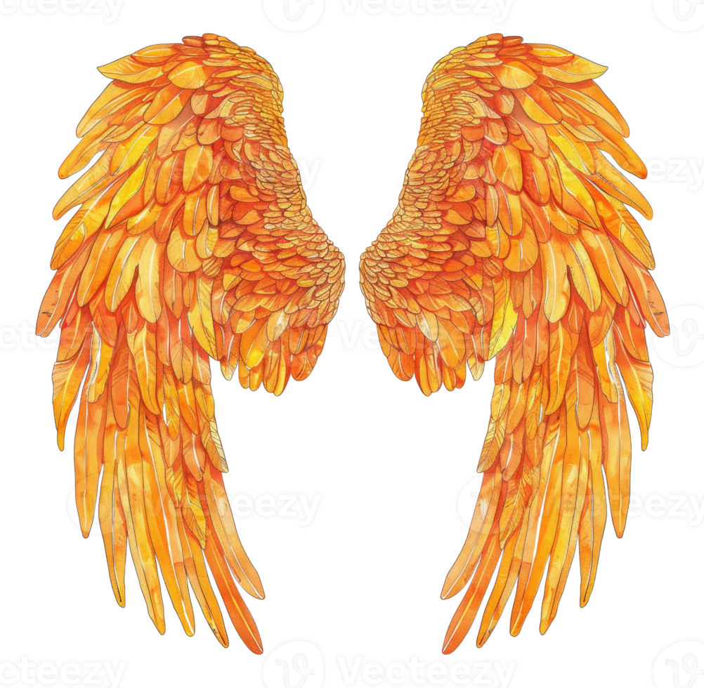 AI generated Fiery orange feathered wings spread out on transparent background - stock png. png