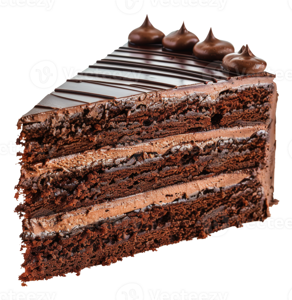 AI generated Chocolate cake slice with decorative frosting on transparent background - stock png. png