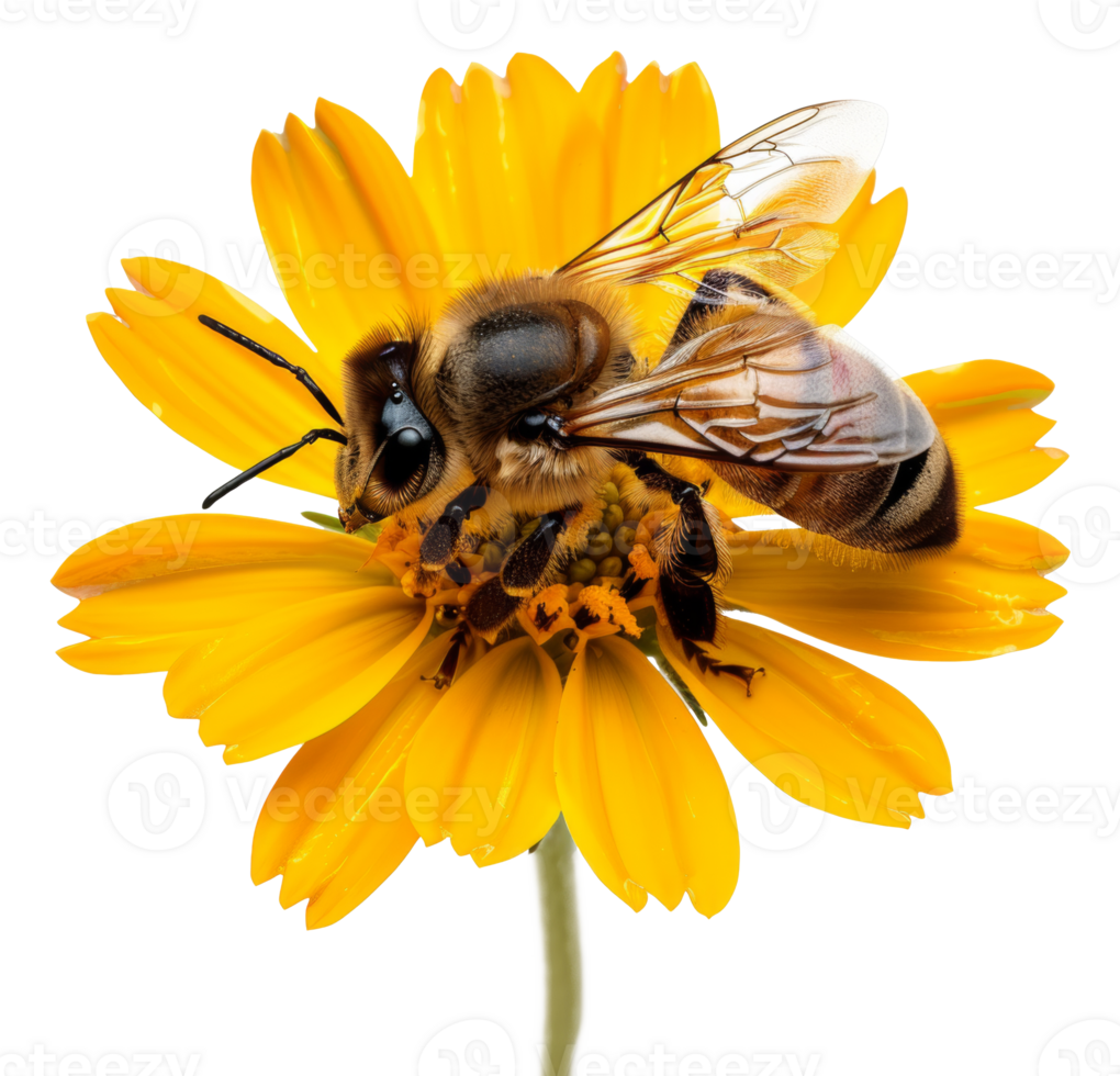 AI generated Honeybee on vibrant yellow flower on transparent background - stock png. png