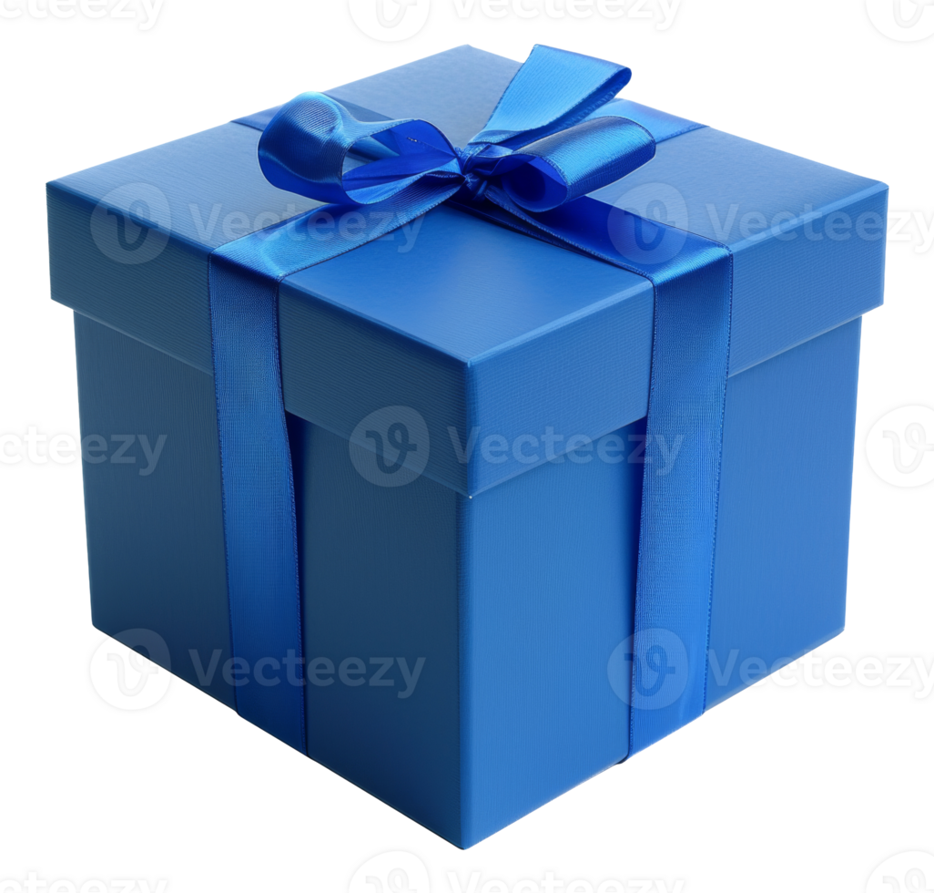 AI generated Solid blue gift box with matching ribbon on transparent background - stock png. png