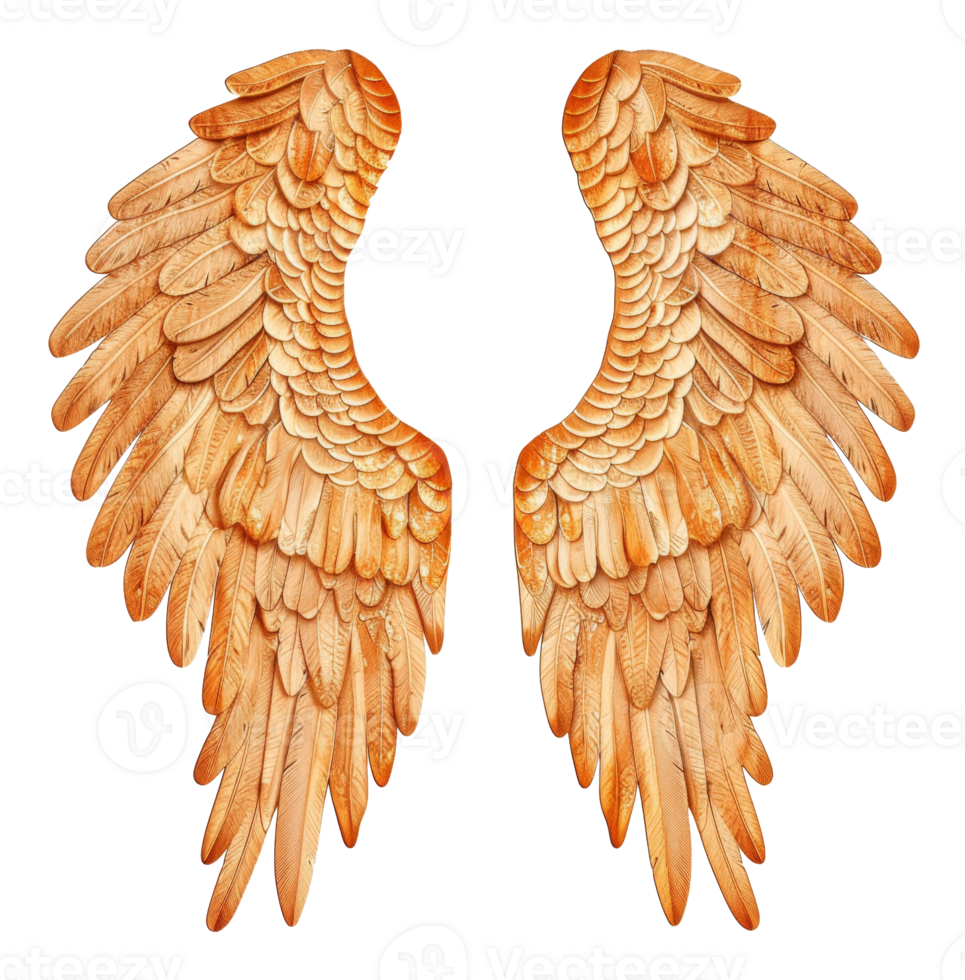 AI generated Golden feathered wings with natural texture on transparent background - stock png. png