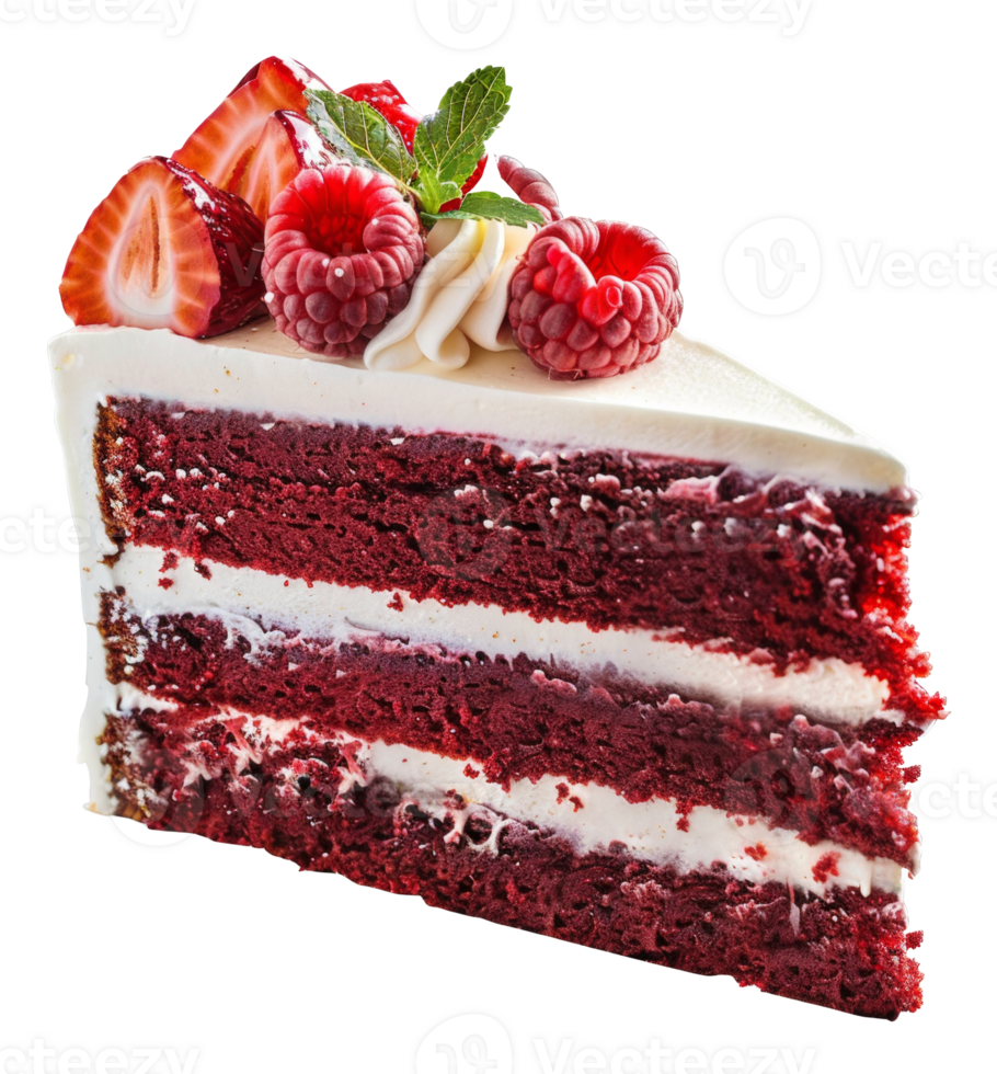 AI generated Red velvet cake slice with fresh berries and mint on transparent background - stock png. png
