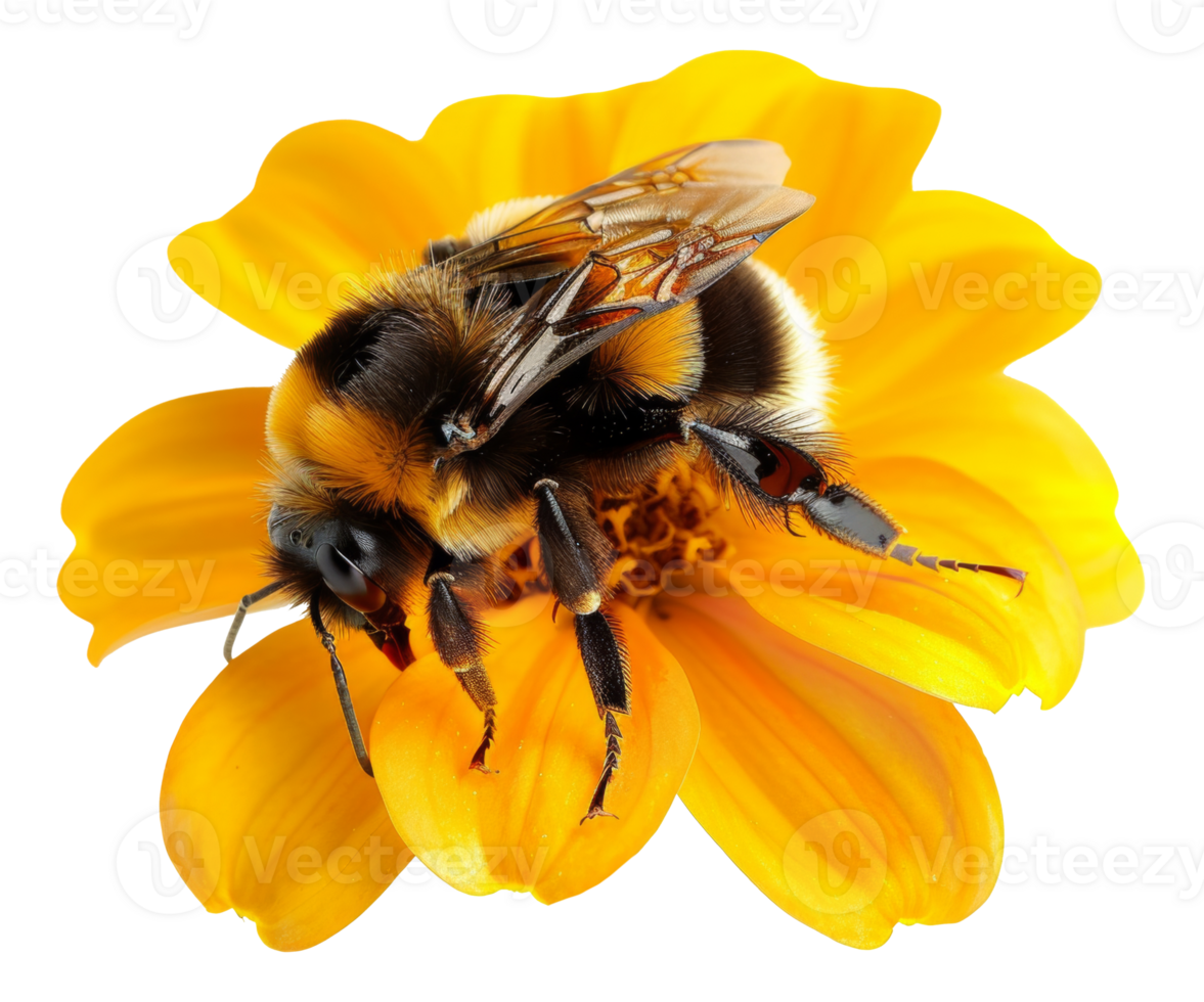 AI generated Bumblebee on bright orange flower on transparent background - stock png. png