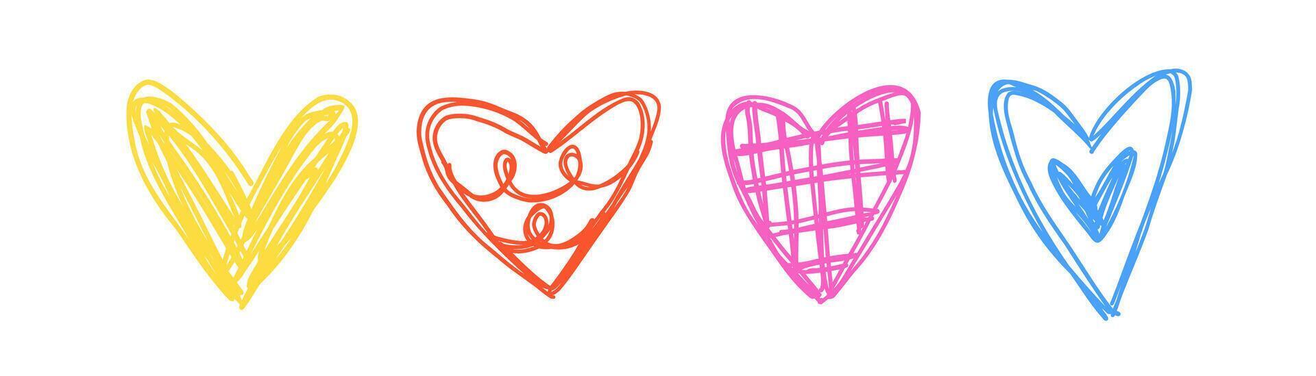 Set of doodle hearts of different shapes drawn by hand. Vector simple illustration.