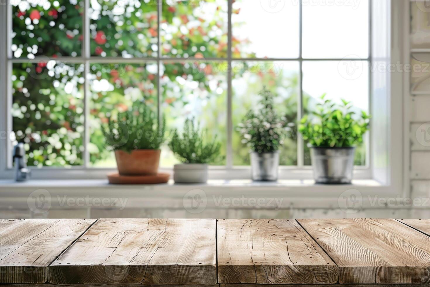 ai generado de madera mesa en cocina lavabo ventana antecedentes foto