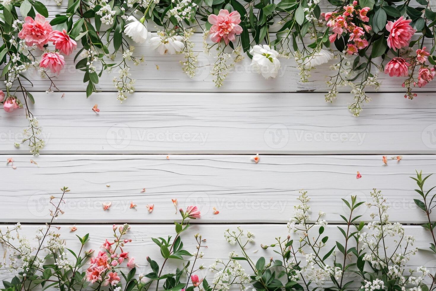 ai generado festivo flor composición en el blanco de madera antecedentes. gastos generales ver foto