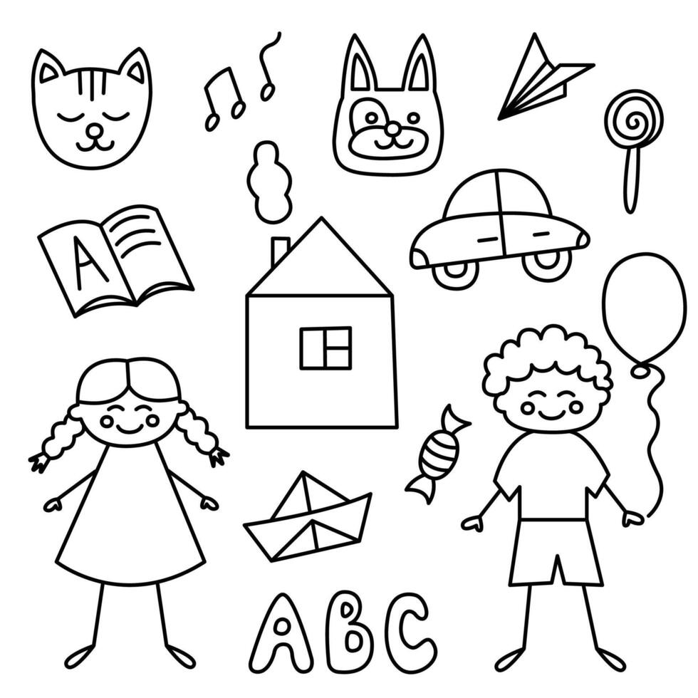 Daycare kids doodle set. Cute kindergarten collection elements in cartoon style. Children toys, animals, candy. Hand drawn illustration isolated on white background. vector