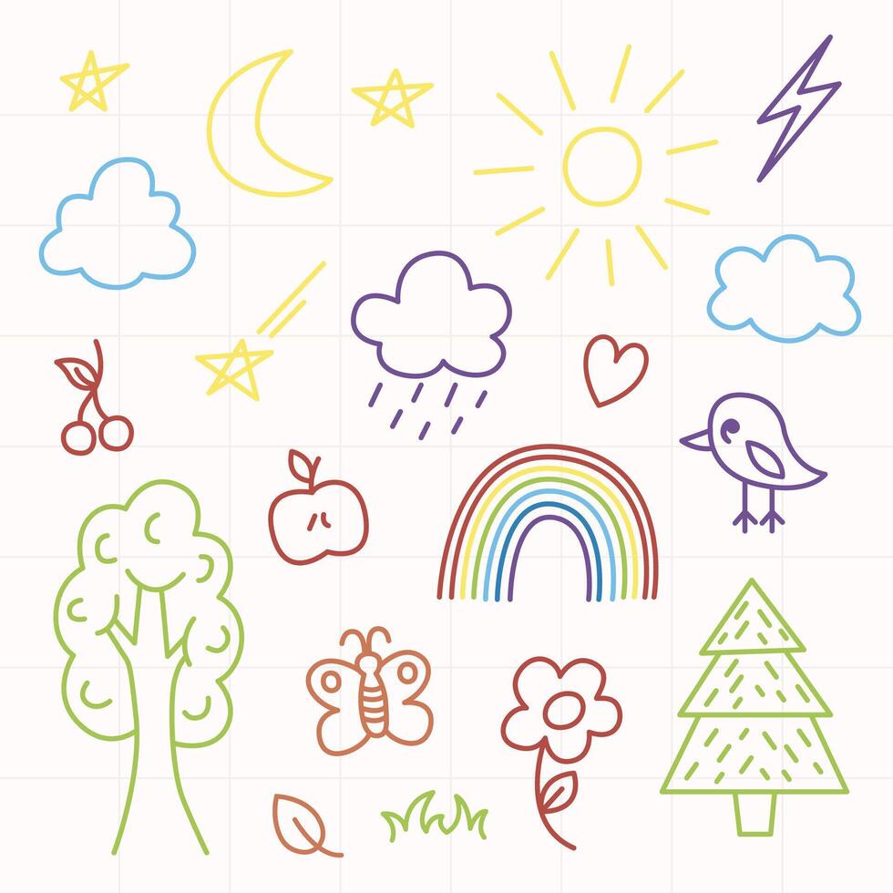 Daycare doodle set. Cute colorful kindergarten collection elements in cartoon style. Nature, rainbow, bird, sun, cloud, tree. Hand drawn illustration, bold lines with colored marker. vector