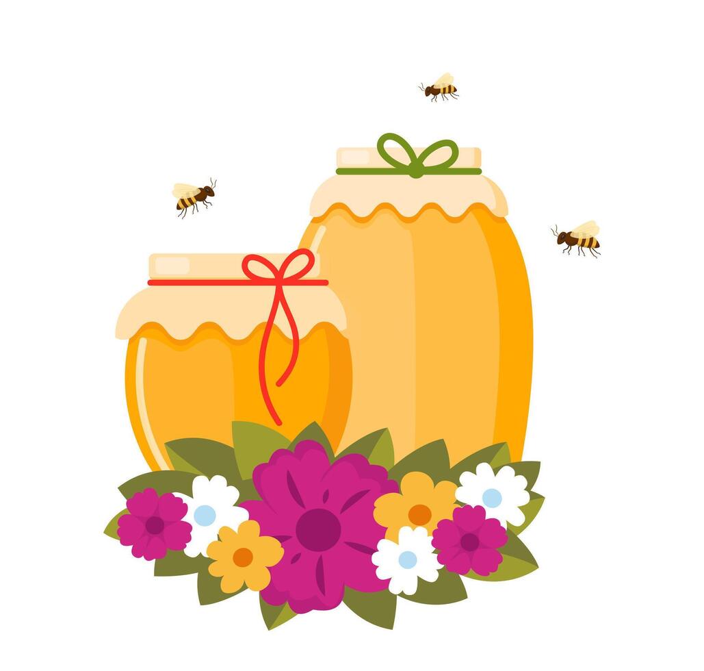 Honey jars, bees and flowers. Apiary symbol. Bee, honey, honey bank, honey pot comb. Honey natural healthy food production. Honey liquid bank isolated. Sticky ingredient dessert. Vector illustration.