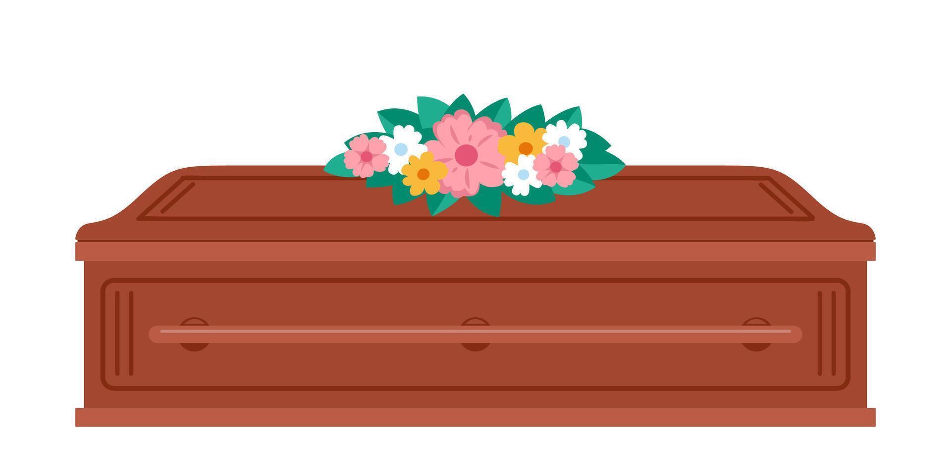 Coffin with flowers on it. Funeral, mourning tradition. Burial ceremony of dead human, closed coffin. Ritual service vector illustration.