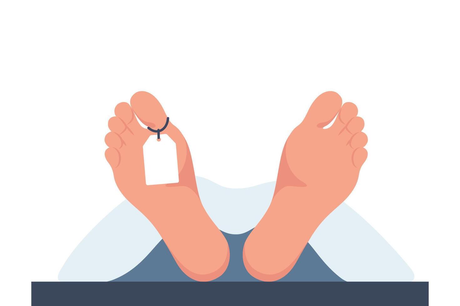 Corpse in the morgue. Dead man in the morgue. Legs of a dead man with a white tag. The human body is covered with a white sheet. Vector illustration.