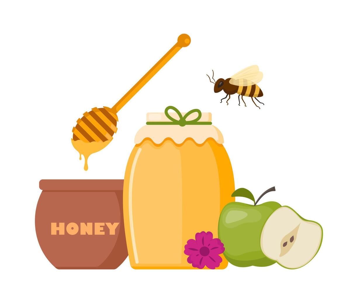 apicultura linda composición. Miel, abeja, panales, miel frasco, cazo, flor, manzana. sano dulce jarabe. apicultura granja. miel abeja agricultura negocio. vector ilustración.