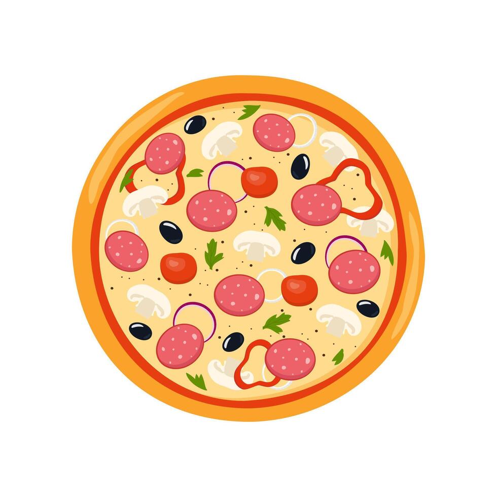 Fresco redondo Pizza con tomate, queso, aceituna, embutido, cebolla, hongos. tradicional italiano rápido alimento. parte superior ver comida. vector ilustración.