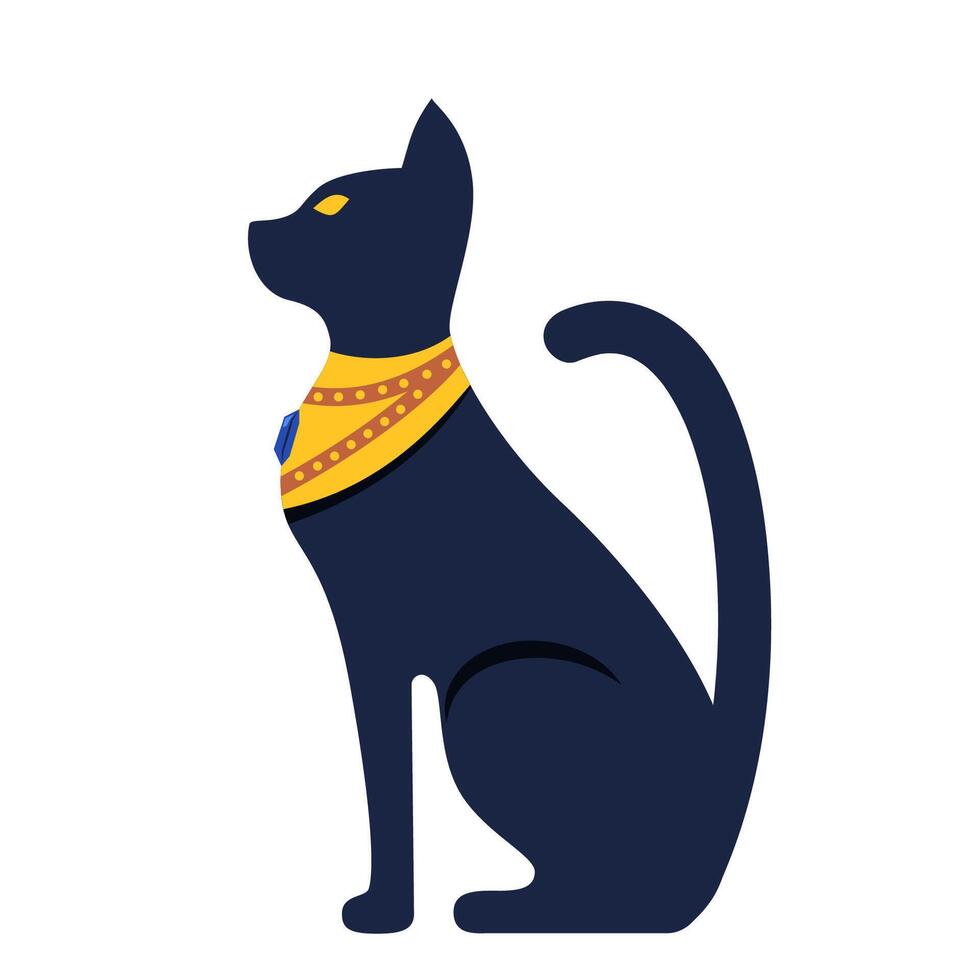 Black Egyptian cat statue. Bastet, ancient Egypt goddess, sculpture profile with Pharaonic gold jewelry and precious stones, vector Illustration isolated or white background