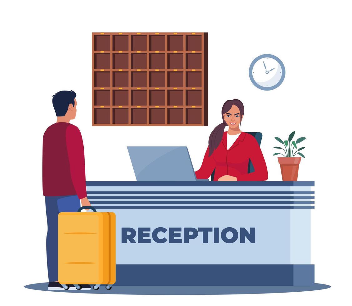 Hotel lobby, reception. Woman receptionist behind the desk, guest with baggage checking in. Hotel Arriving. Tourism, business trip concept. Interior of inn. Vector illustration.