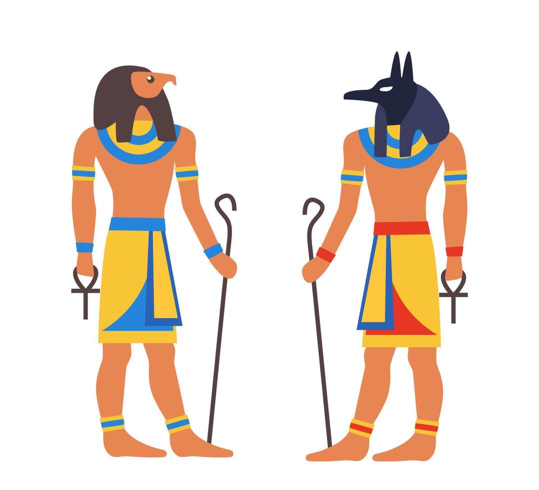 antiguo Dioses desde Egipto. horus, anubis. egipcio deidad. antiguo pintura estilo. vector ilustración.