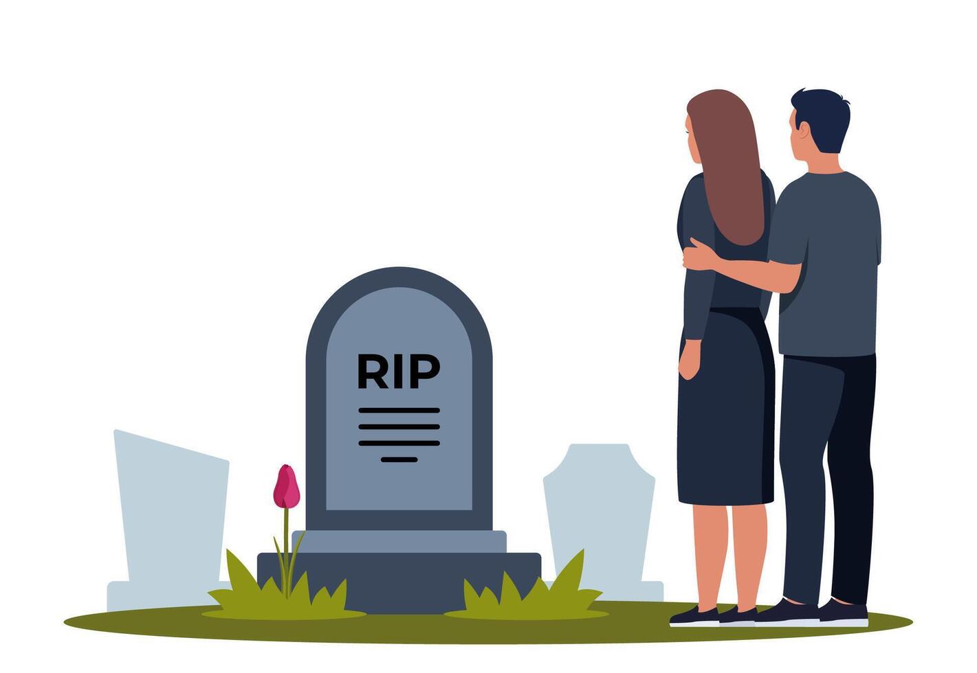 Sad man and woman dressed in mourning clothes standing near grave with tombstone. Grieving people or relatives on graveyard or cemetery. Vector illustration.