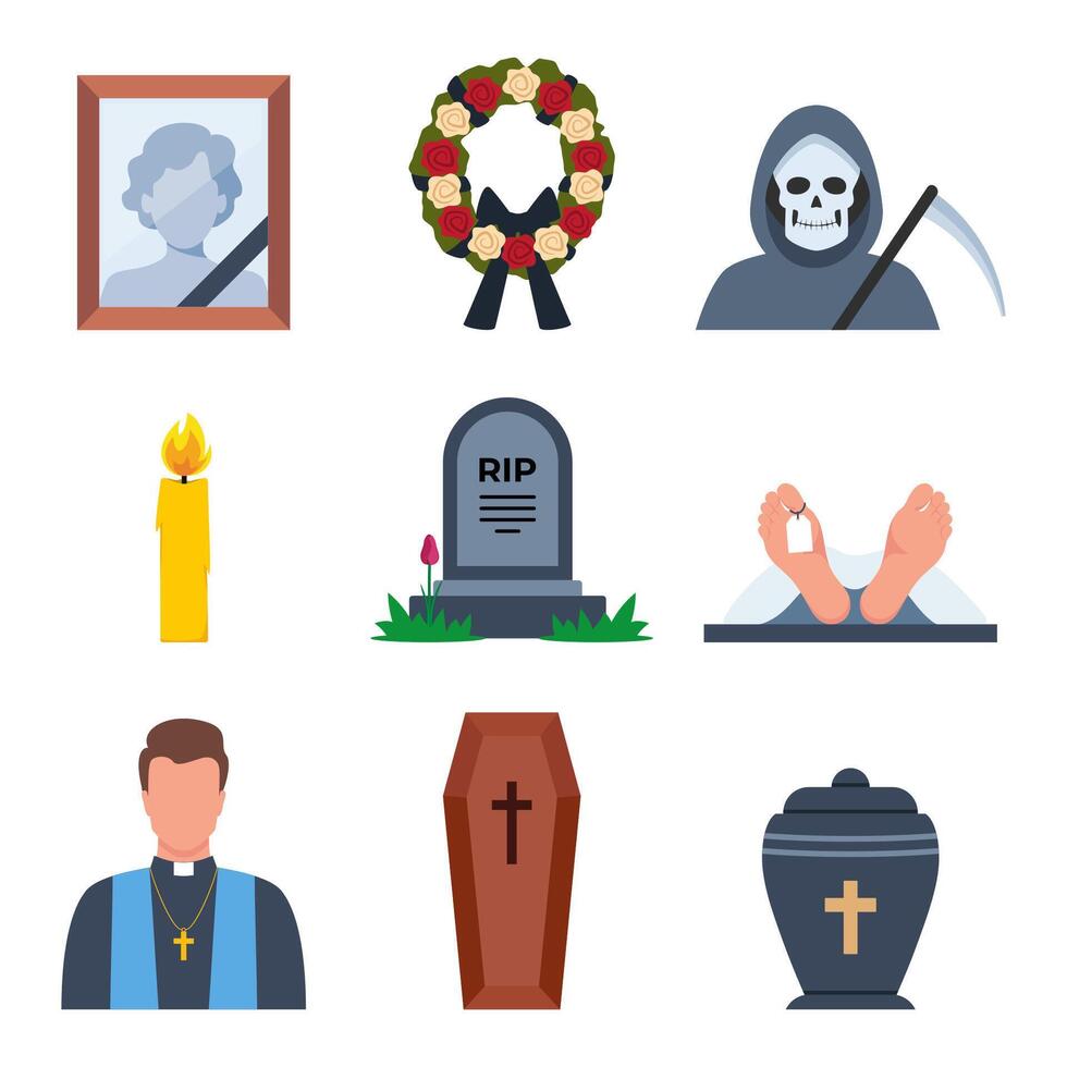 Funeral icons. Funeral accessories. Funeral wreath, coffin, tombstone, urn with ashes, death, priest, corpse, hearse, flowers, will. Ritual services, funeral agency concept. Vector illustration.