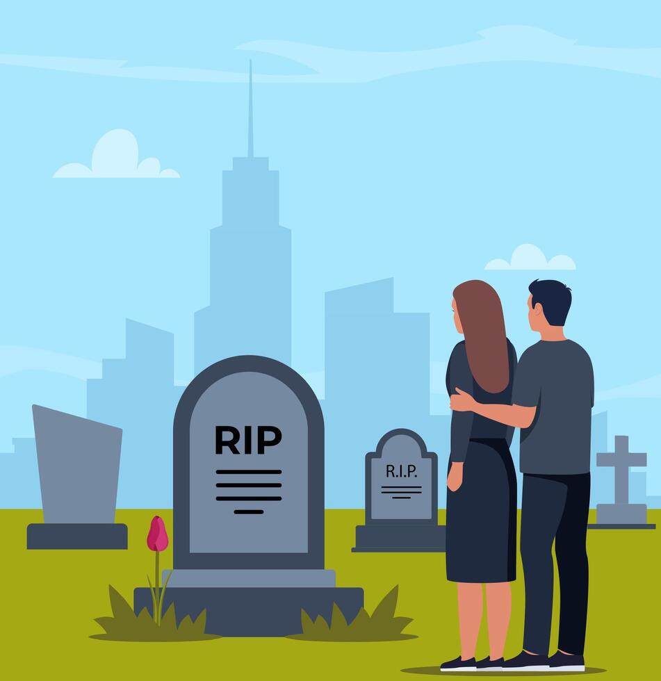 Sad man and woman dressed in mourning clothes standing near grave with tombstone. Grieving people or relatives on graveyard or cemetery. Vector illustration.