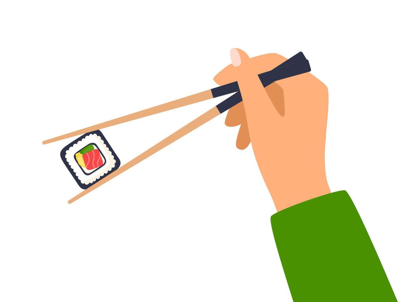 Hand holds chopsticks with sushi. Hand holds bamboo sticks. Asian cuisine. Image showing how to use chopsticks. Vector illustration.