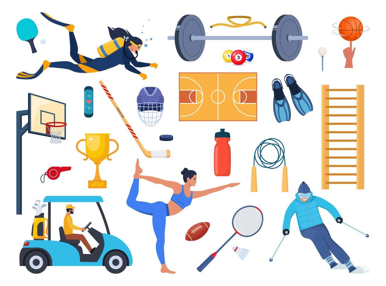 Sport equipment and sportsmen set. Various kind of sport activity. Strength training, cycling, yoga, basketball, diving, surfing. Vector illustration.