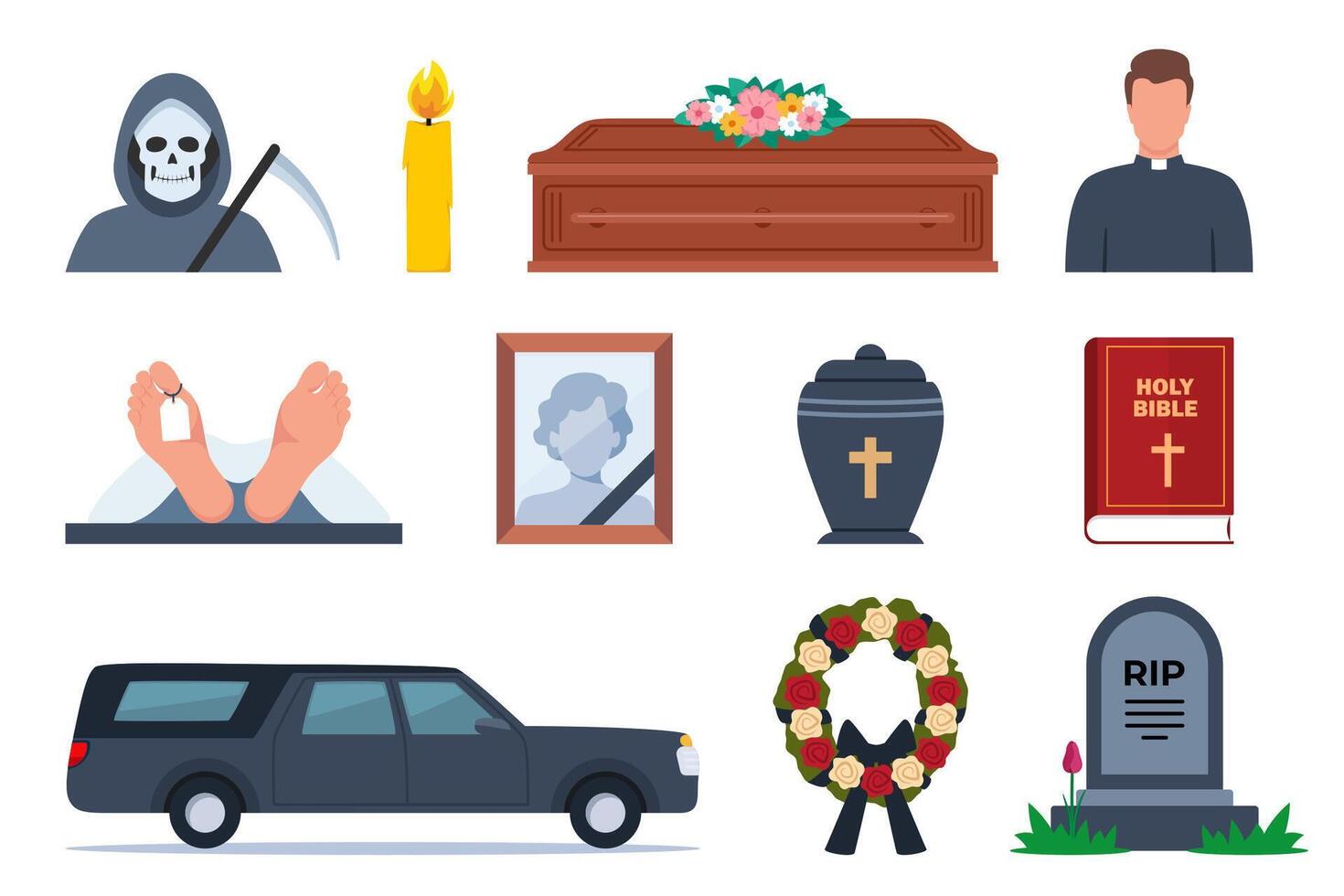 Funeral icons. Funeral accessories. Funeral wreath, coffin, tombstone, urn with ashes, death, priest, corpse, hearse, flowers, will. Ritual services, funeral agency concept. Vector illustration.