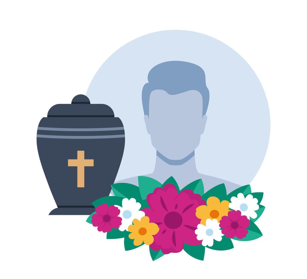 Urn with ashes. Dead man portrait and flowers. Dead young guy photo. Funeral ceremony. Ritual service. Vector illustration.
